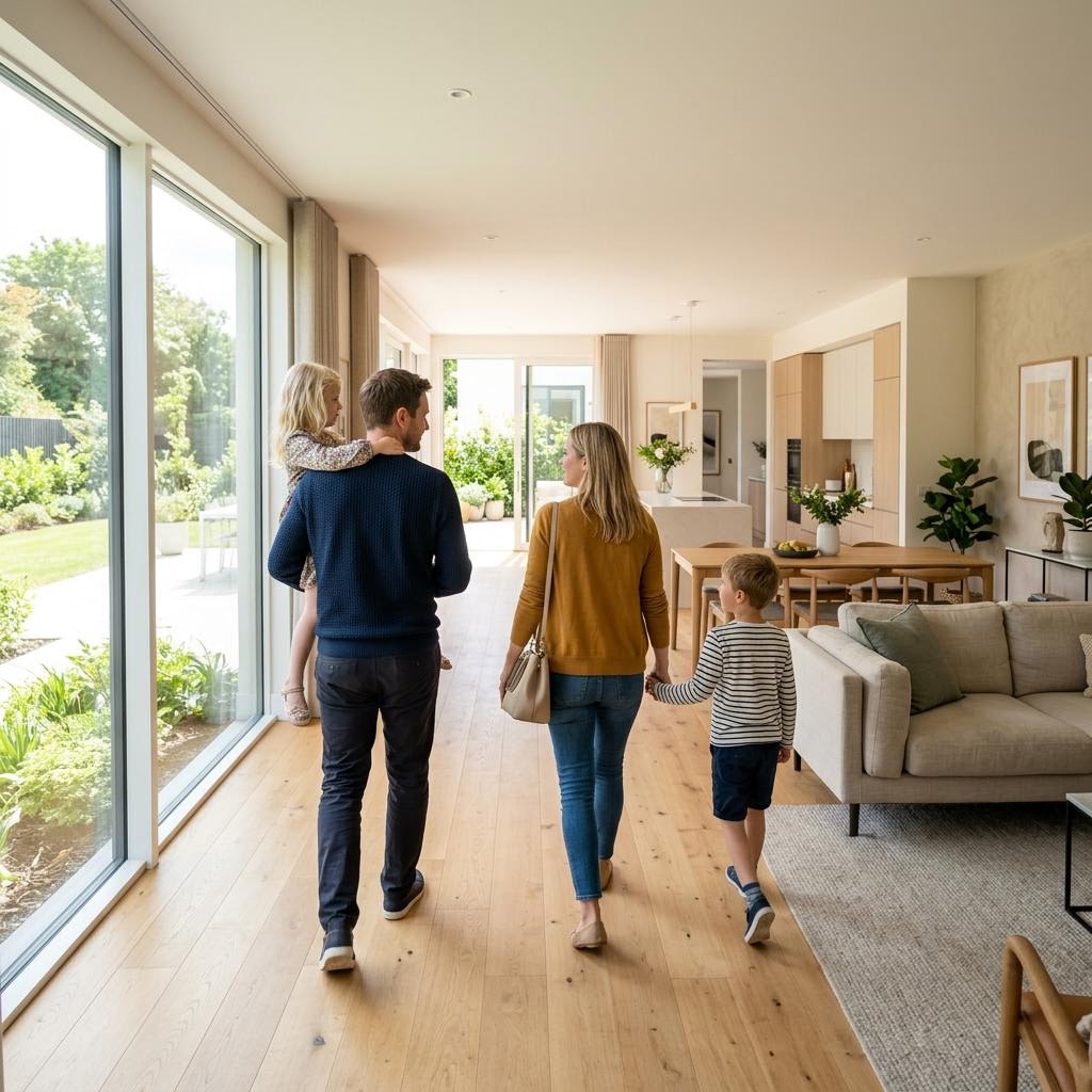 Baufamilie freut sich vor ihrem neu gebauten KfW-40-Musterhaus