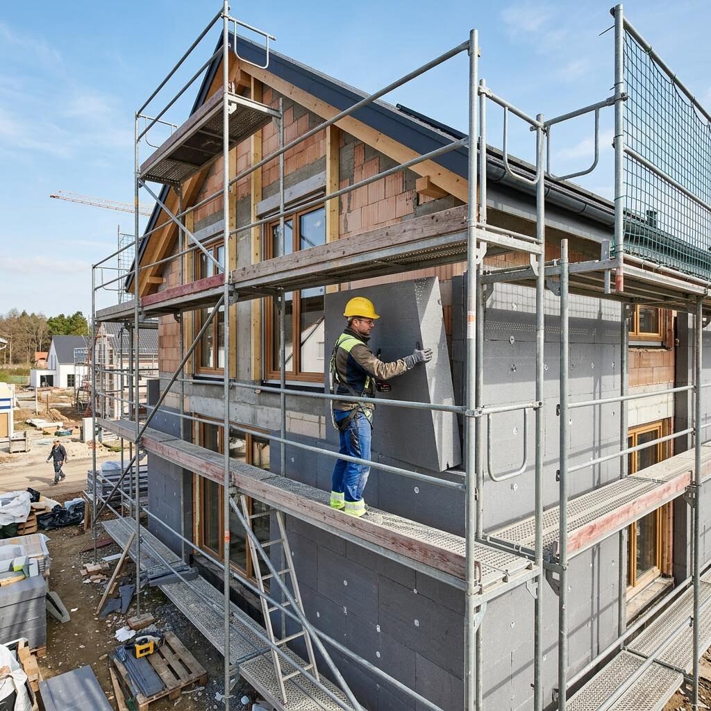 Wärmegedämmte Fassade eines Neubaus nach Effizienzstufe 40