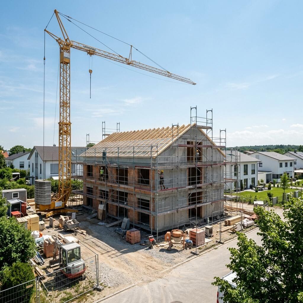 Bauherr prüft die Checkliste auf der Baustelle eines Musterhauses im Effizienzhaus-40-Standard