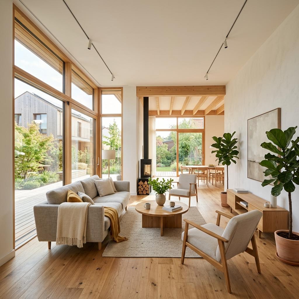 Offener Wohnbereich eines modernen Neubaus, wie man ihn aus dem Musterhaus kennt