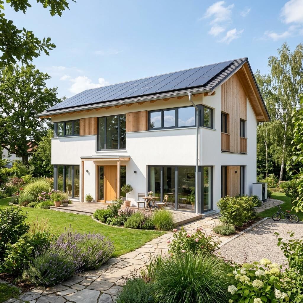 Bauherren begutachten ein Musterhaus im Effizienzhaus-40-Standard