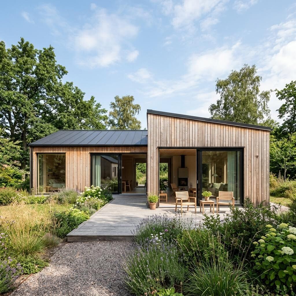 Modernes Musterhaus als KfW 40 Holzhaus mit Holzfassade und großen Fenstern