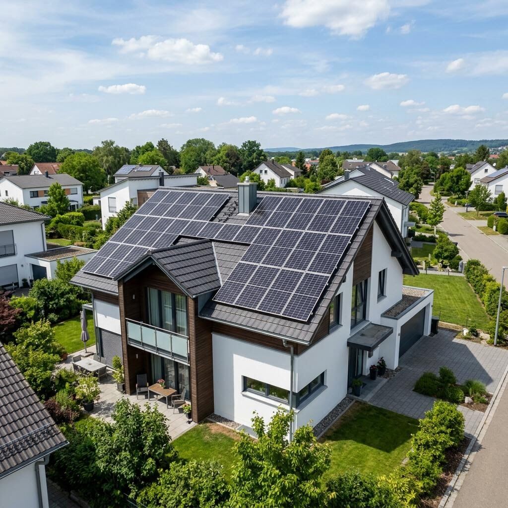 Solarmodule auf dem Dach eines KfW-geförderten Neubaus