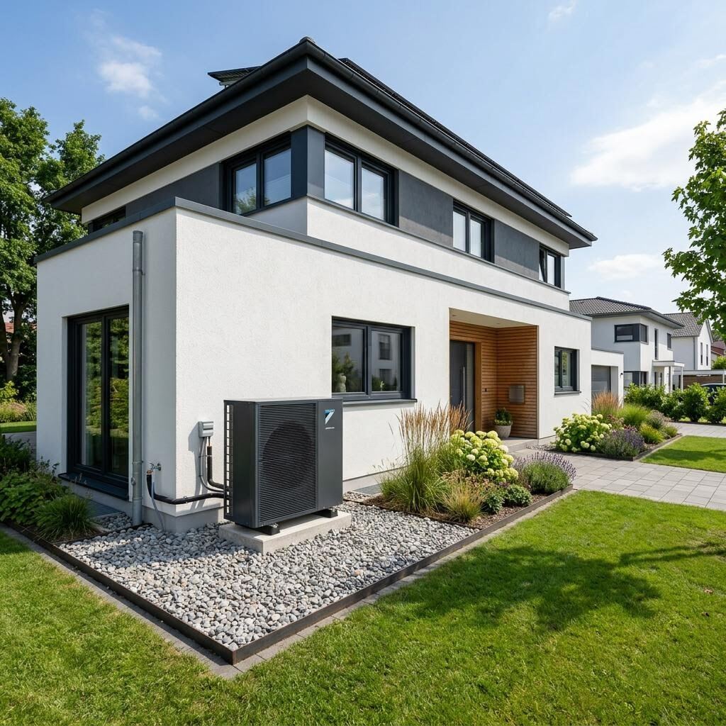 Wärmepumpe vor einem neu gebauten Musterhaus der Effizienzstufe 40